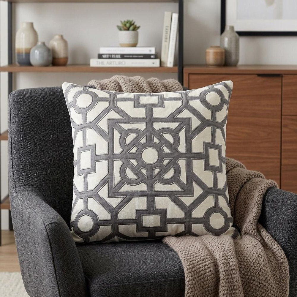 18" Gray And White Abstract Geometric Velvet Throw Pillow — view 6