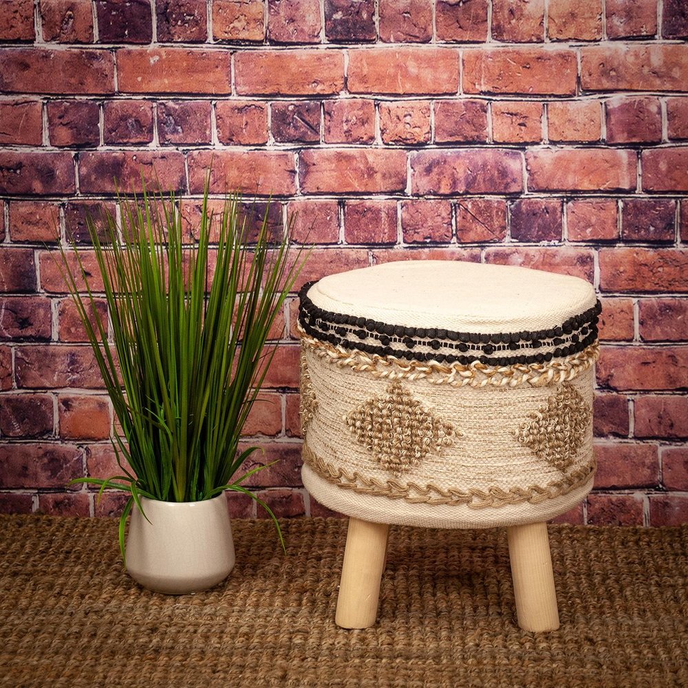 18" Beige and Brown Cotton Abstract Round Footstool HomeRoots