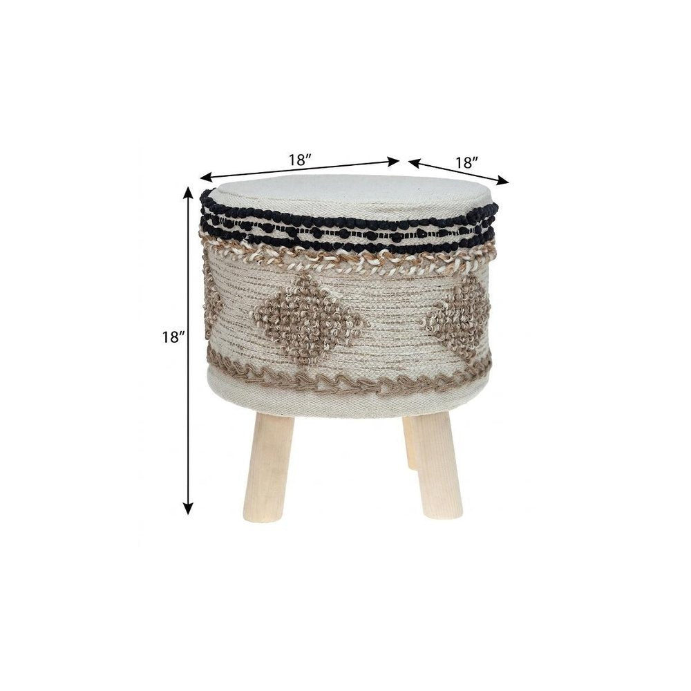 18" Beige and Brown Cotton Abstract Round Footstool HomeRoots