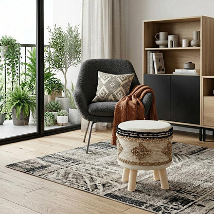 18" Beige and Brown Cotton Abstract Round Footstool HomeRoots