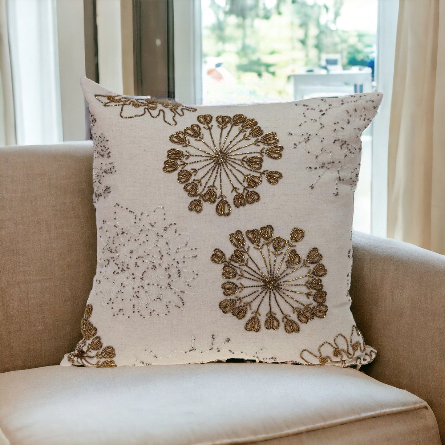 Natural and Golden Metallic Beaded Decorative Throw Pillow FurniFindUSA