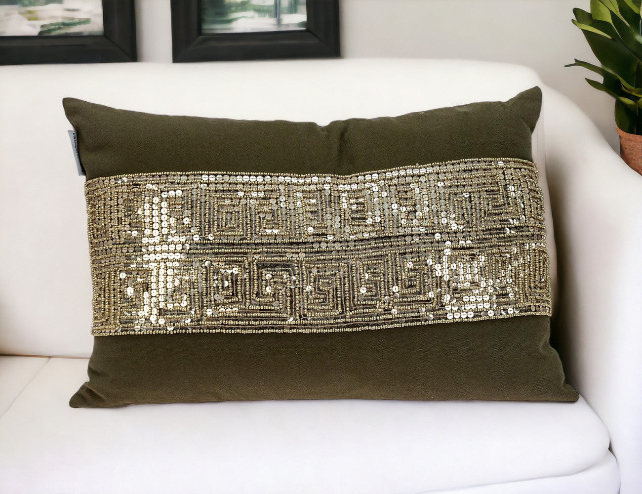 Glam Olive with Gold Sequins Lumbar Throw Pillow FurniFindUSA