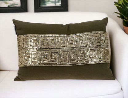 Glam Olive with Gold Sequins Lumbar Throw Pillow FurniFindUSA
