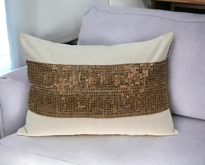 Glam Beige with Golden Sequins Lumbar Throw Pillow FurniFindUSA