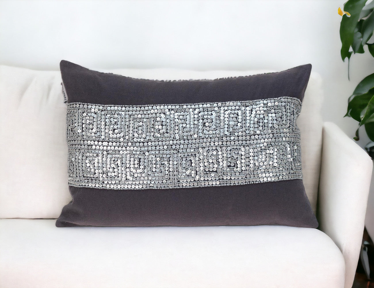 Glam Gray with Silver Sequins Lumbar Throw Pillow FurniFindUSA