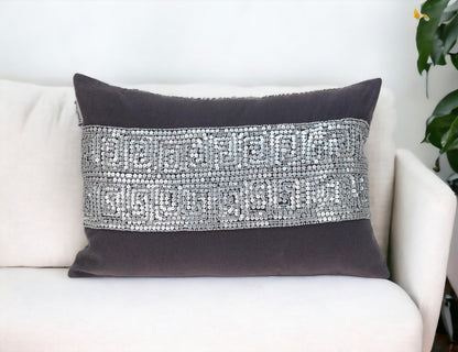 Glam Gray with Silver Sequins Lumbar Throw Pillow FurniFindUSA