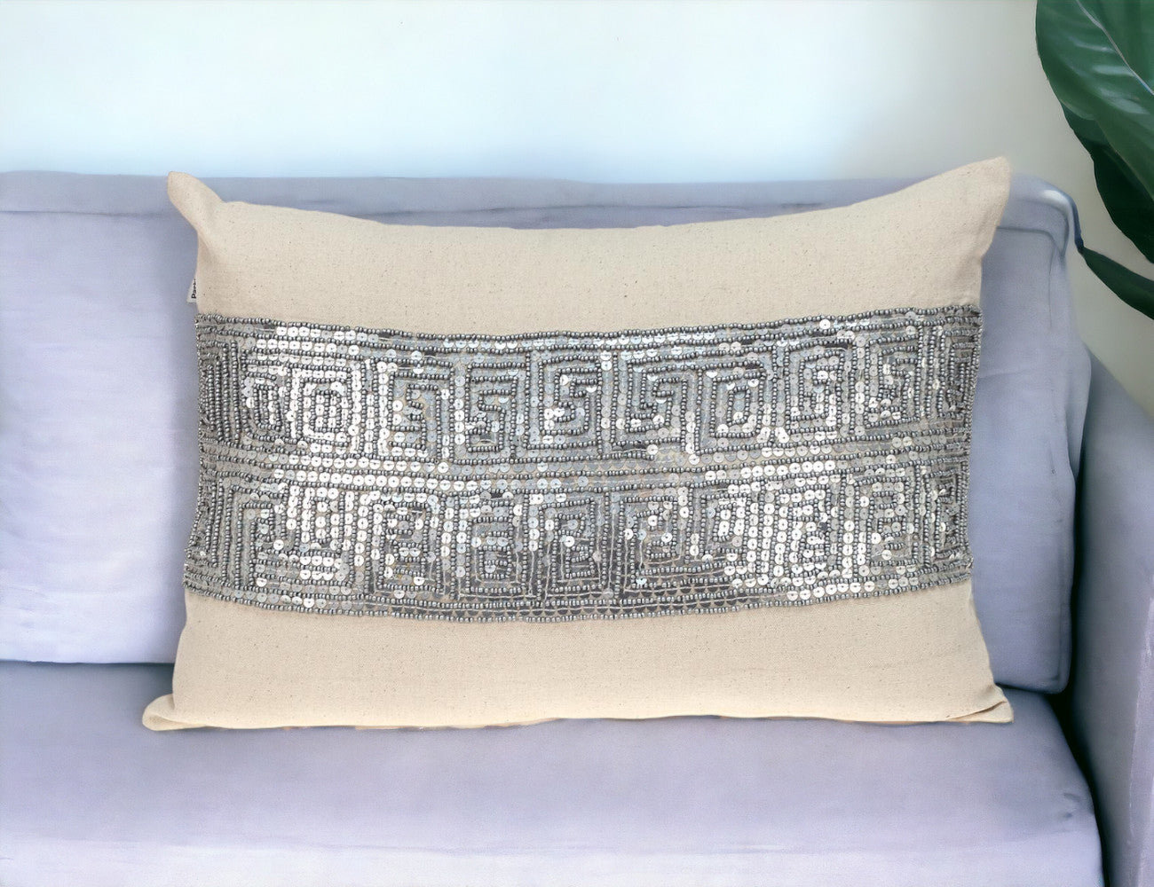 Glam Beige with Silver Sequins Lumbar Throw Pillow FurniFindUSA