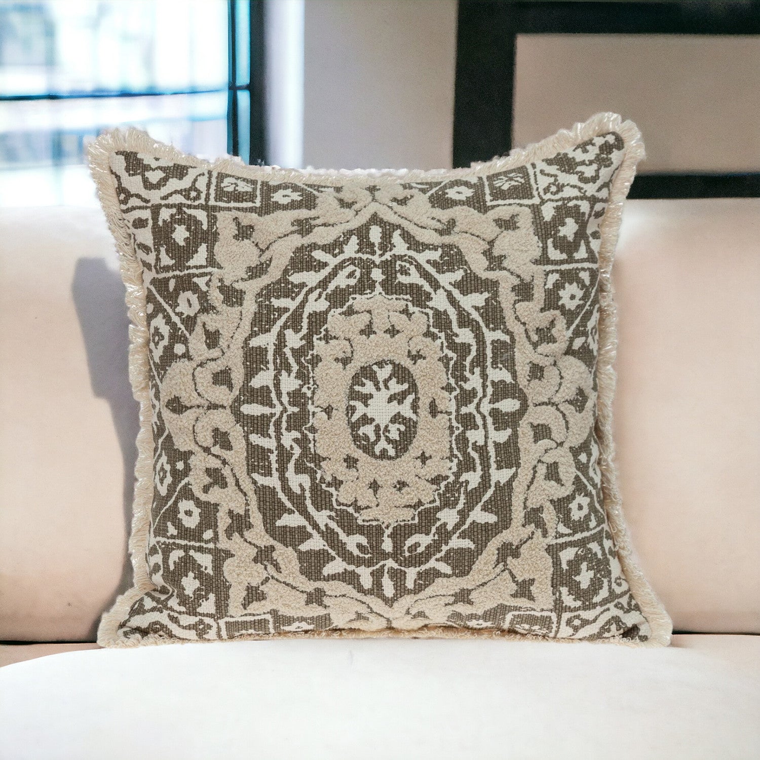 Boho Garland Beige and Dark Brown Decorative Accent Pillow FurniFindUSA