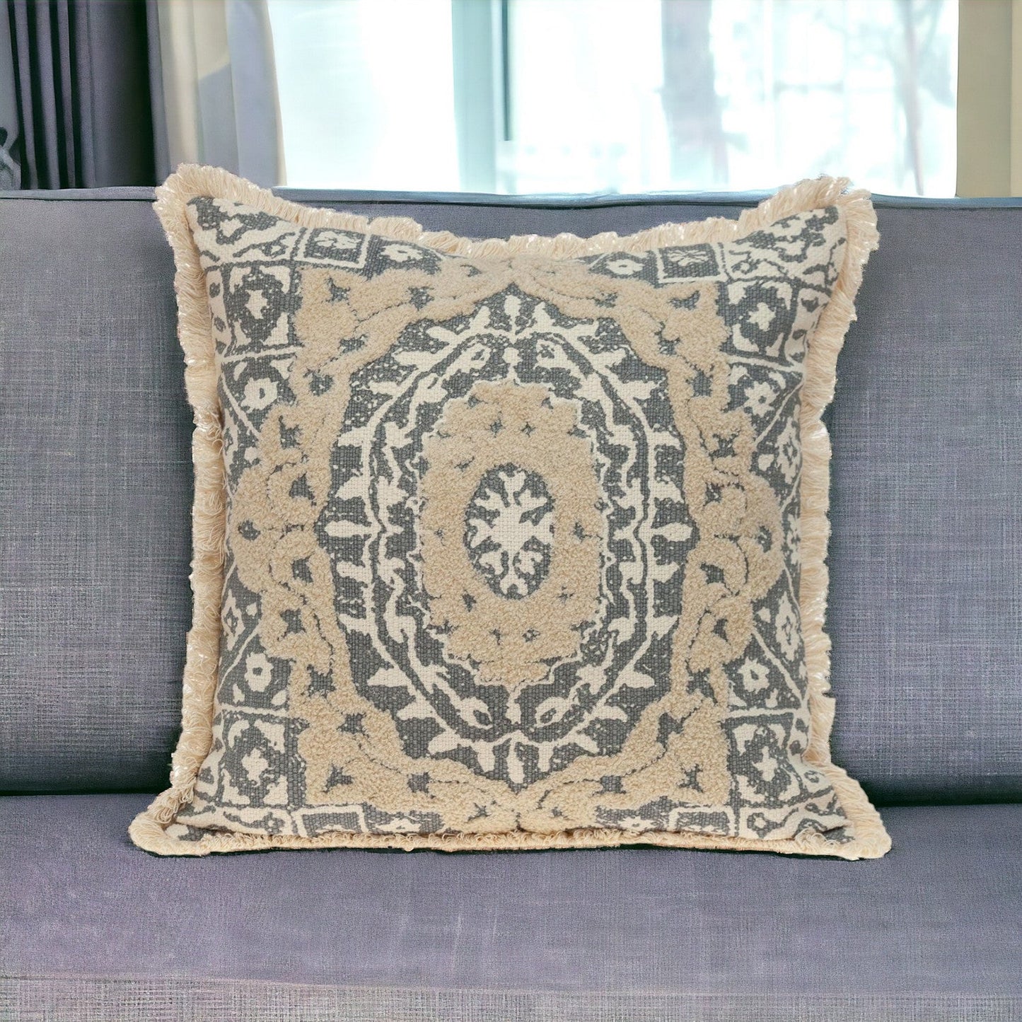 Boho Garland Beige and Gray Decorative Accent Pillow FurniFindUSA