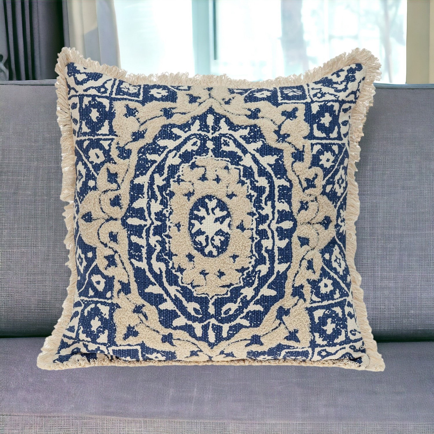 Boho Garland Beige and Navy Blue Decorative Accent Pillow FurniFindUSA
