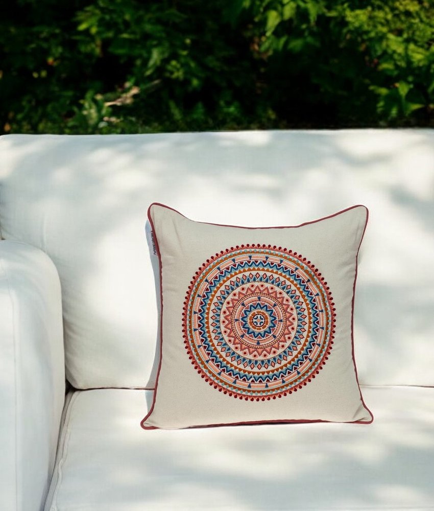 18" X 18" Beige and Blue Abstract Indoor Outdoor Throw Pillow HomeRoots