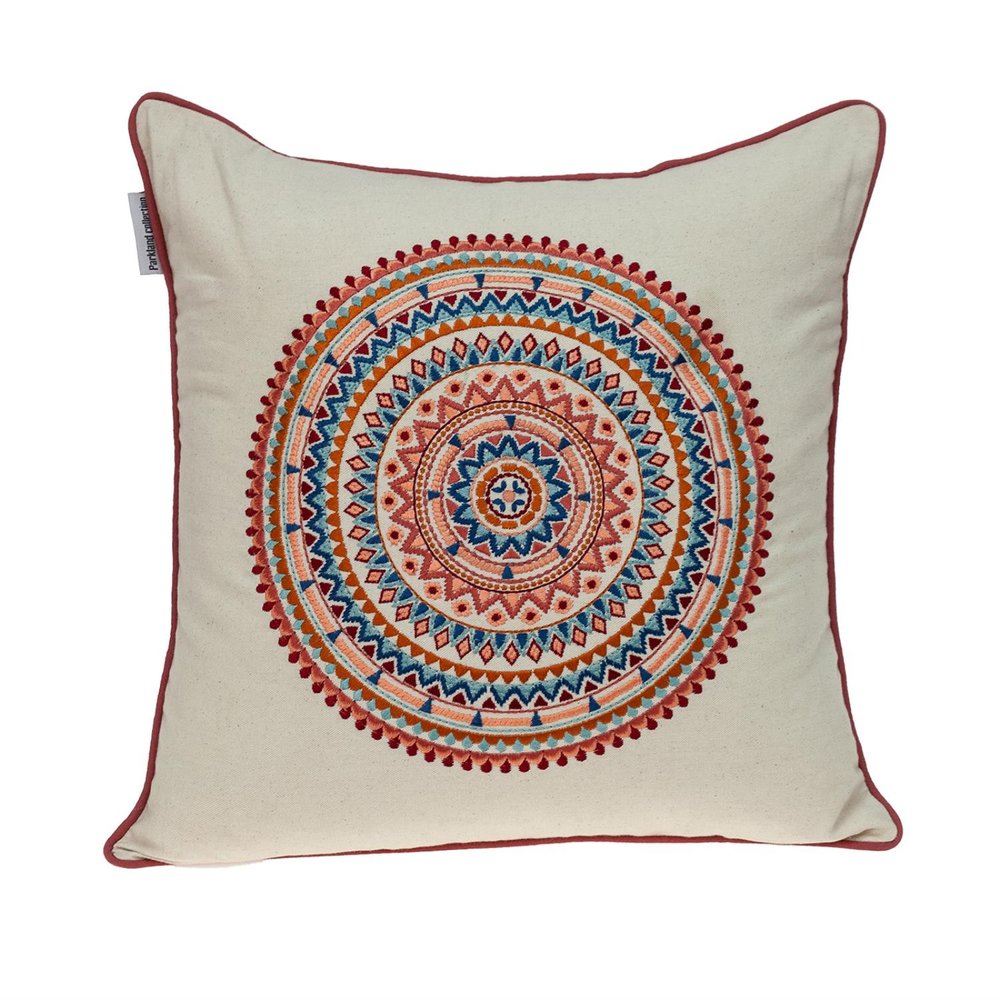 18" X 18" Beige and Blue Abstract Indoor Outdoor Throw Pillow — view 1
