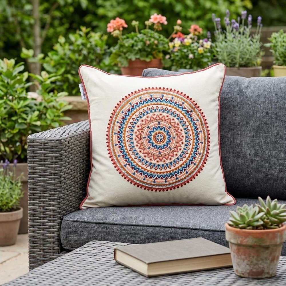 18" X 18" Beige and Blue Abstract Indoor Outdoor Throw Pillow HomeRoots