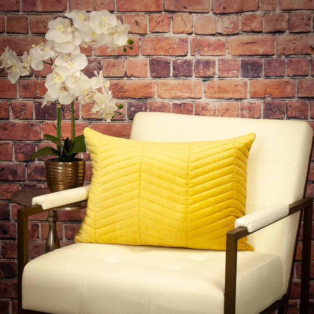 Yellow Quilted Velvet Zig Zag Decorative Lumbar Pillow — view 7