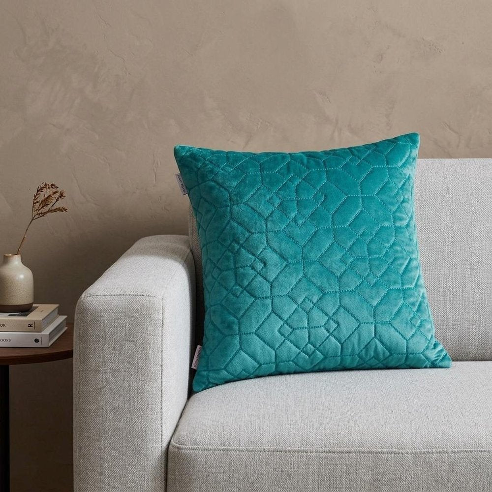 Aqua Quilted Velvet Geo Decorative Throw Pillow — view 7