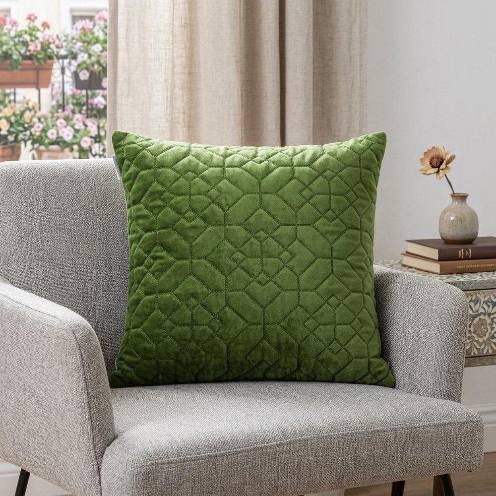 Olive Quilted Velvet Geo Decorative Throw Pillow — view 8