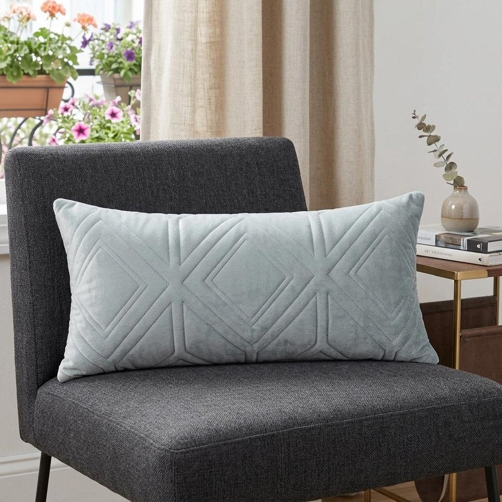 Gray Quilted Diamonds Velvet Solid Color Lumbar Pillow — view 6