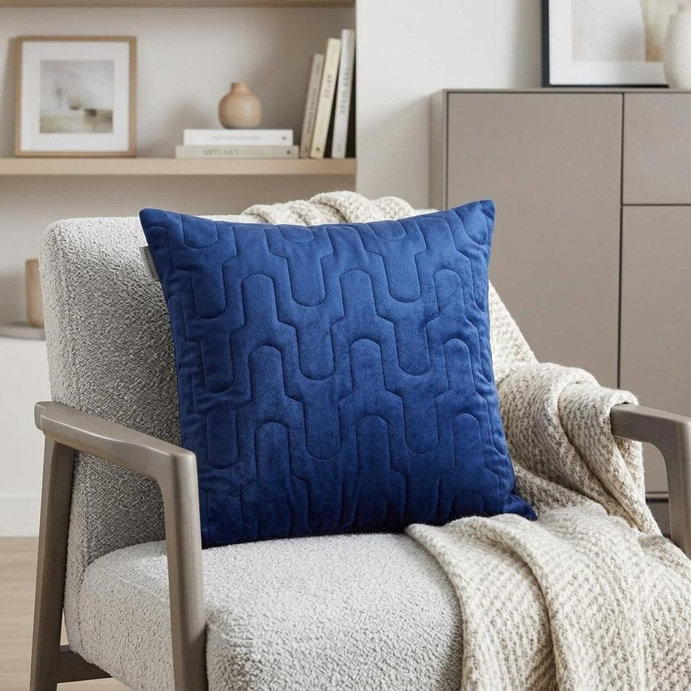 Geometric Lush Quilted Blue Throw Pillow — view 8
