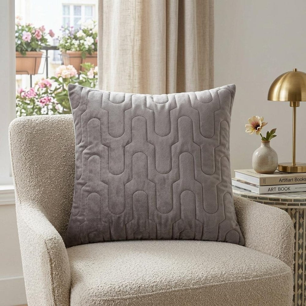 Geometric Lush Quilted Taupe Throw Pillow — view 8