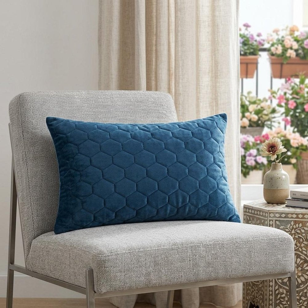 Navy Blue Tufted Velvet Quilted Lumbar Throw Pillow — view 7