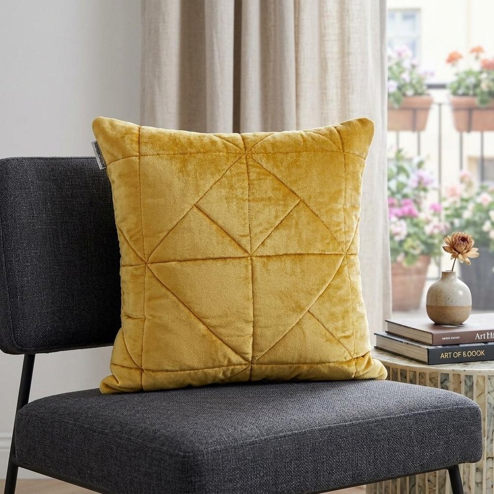 Yellow Chunky Geo Stitched Velvet Decorative Throw Pillow — view 8
