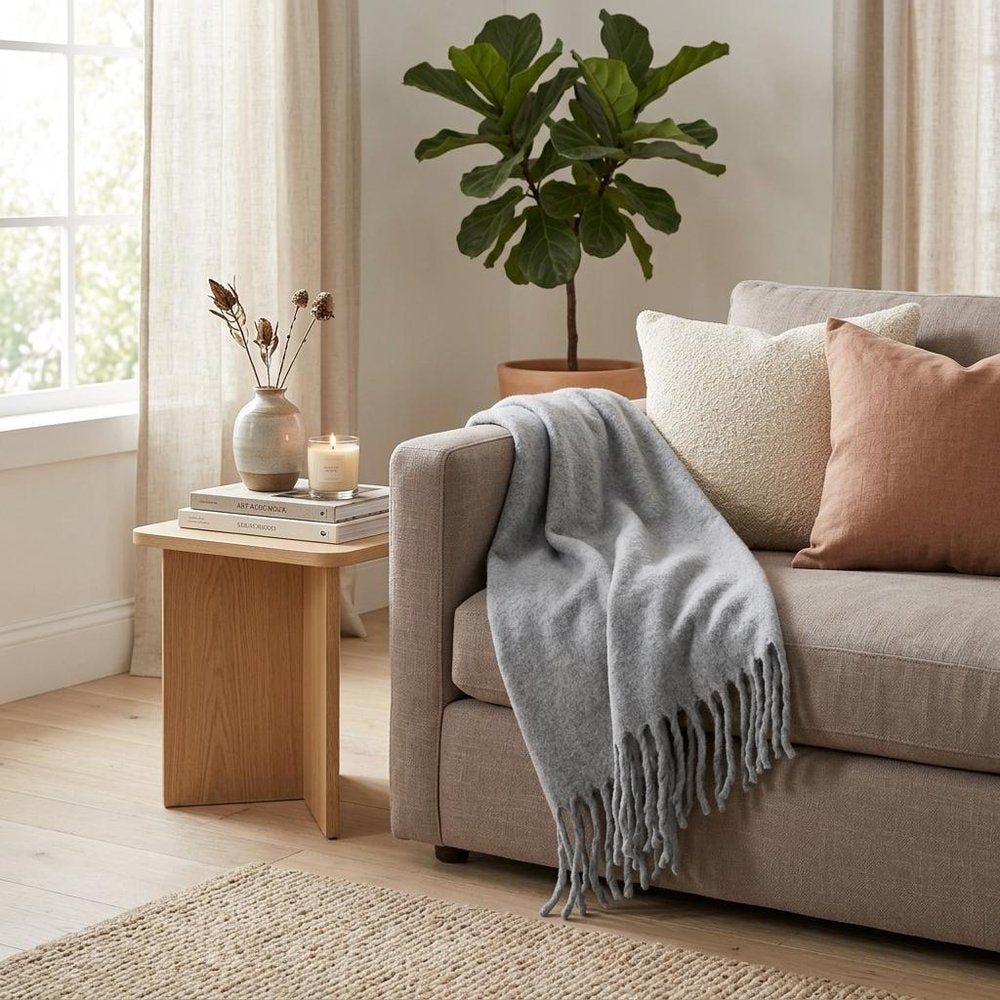 Gray Knitted Acrylic Solid Color Reversable Throw HomeRoots