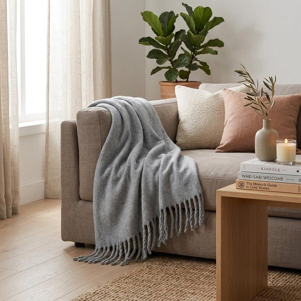 Gray Knitted Acrylic Solid Color Reversable Throw HomeRoots