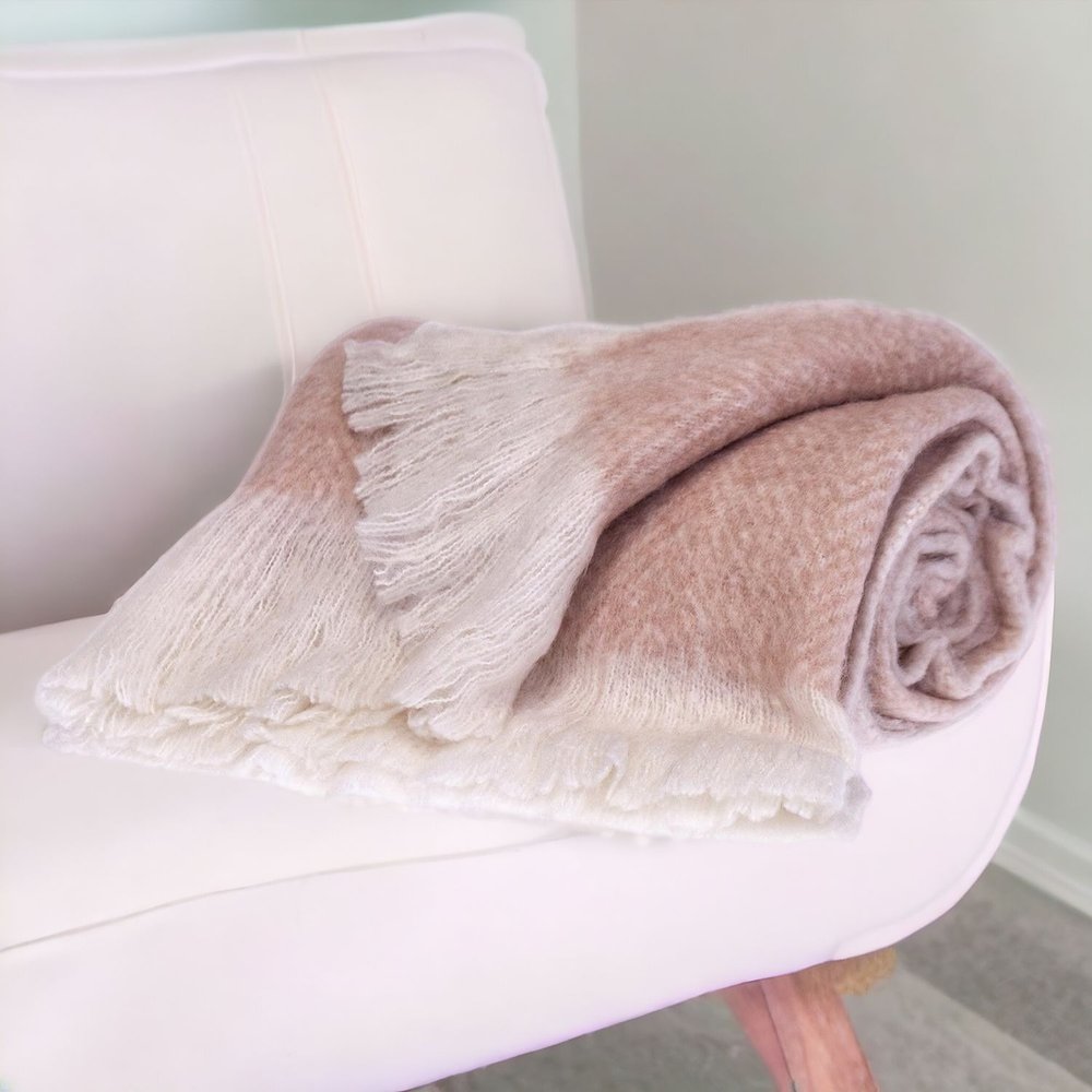 Supreme Soft Pink and White Herringbone Handloomed Throw Blanket HomeRoots