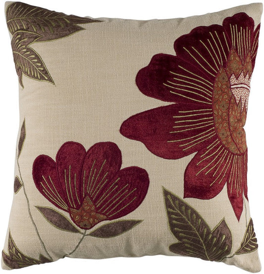18" Beige and Red Floral Throw Pillow With Embroidery FurniFindUSA