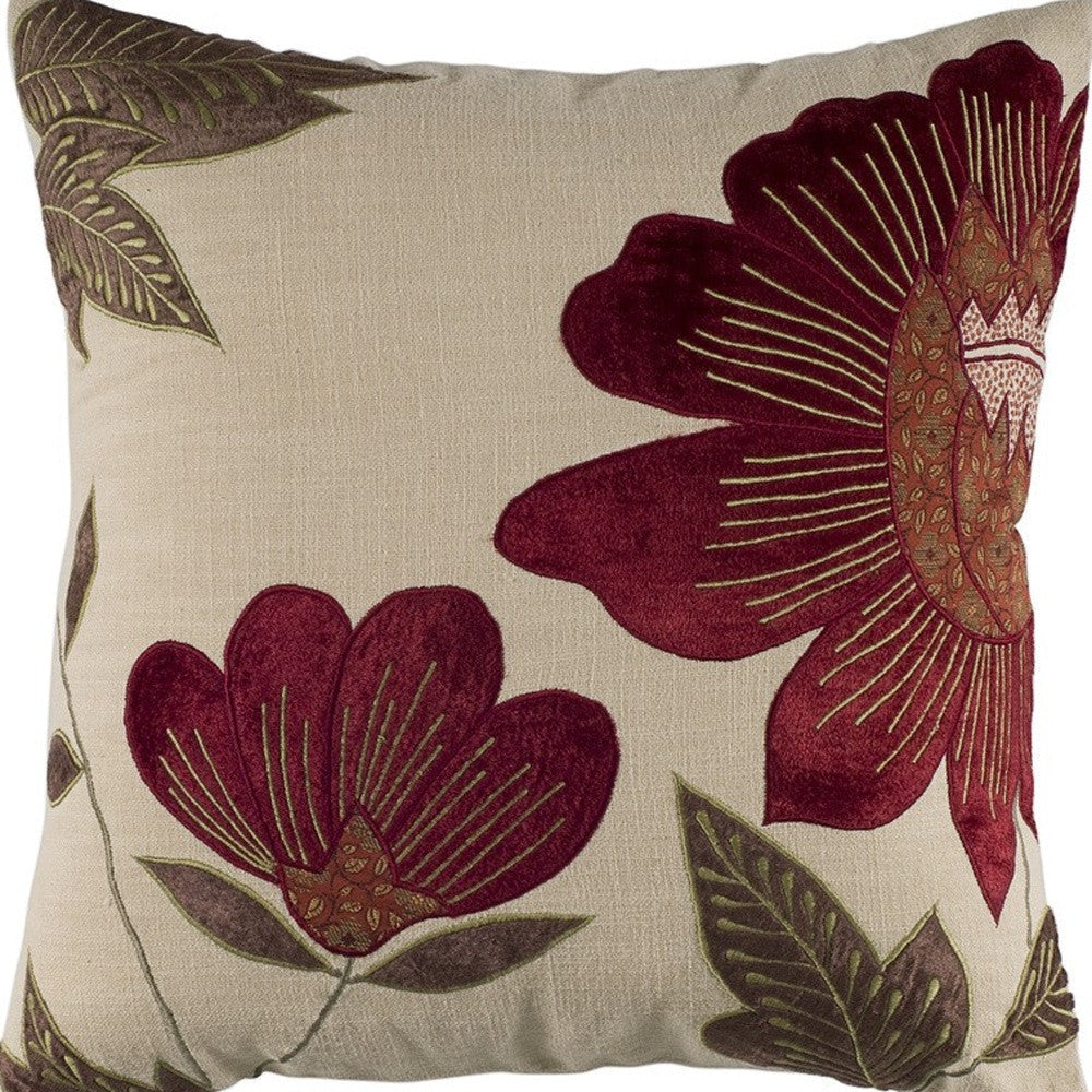 18" Beige and Red Floral Throw Pillow With Embroidery FurniFindUSA