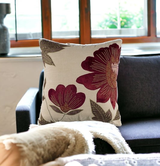18" Beige and Red Floral Throw Pillow With Embroidery FurniFindUSA