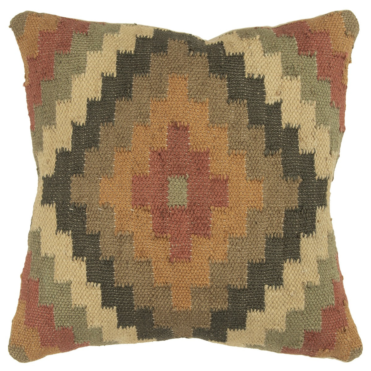 18" Brown and Green Geometric Jute Wool Blend Throw Pillow FurniFindUSA