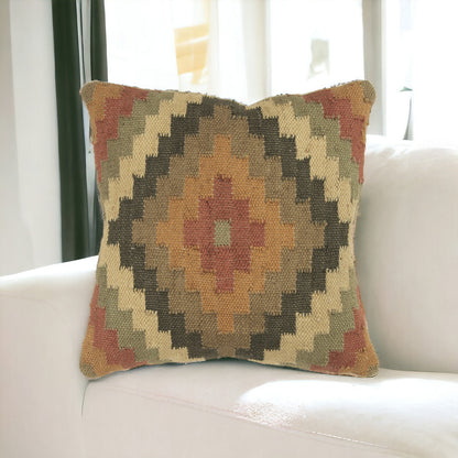 18" Brown and Green Geometric Jute Wool Blend Throw Pillow FurniFindUSA