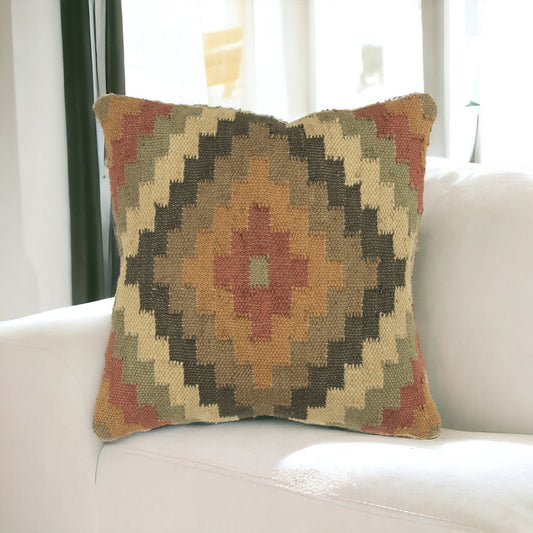 18" Brown and Green Geometric Jute Wool Blend Throw Pillow FurniFindUSA