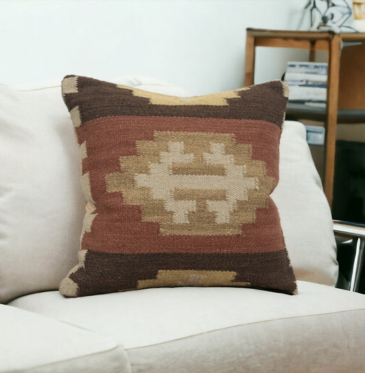 18" Brown and Beige Geometric Jute Wool Blend Throw Pillow FurniFindUSA