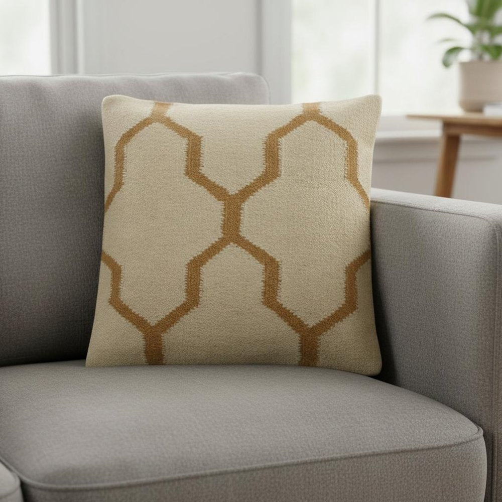 18" Natural And Gold Quatrefoil Cotton Throw Pillow — view 6
