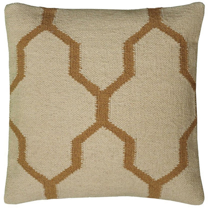 18" Natural And Gold Quatrefoil Cotton Throw Pillow