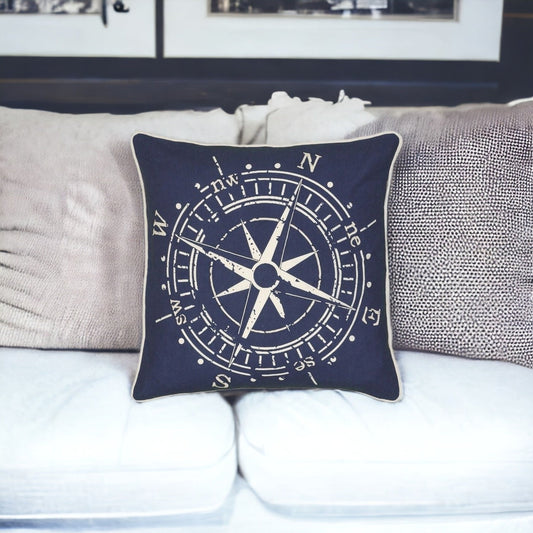 18" Navy and White Nautical Compass Throw Pillow FurniFindUSA