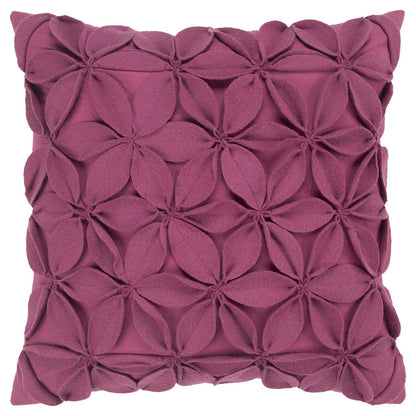 18" Magenta Floral Wool Blend Throw Pillow With Applique FurniFindUSA