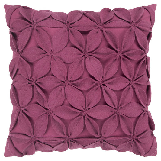 18" Magenta Floral Wool Blend Throw Pillow With Applique FurniFindUSA