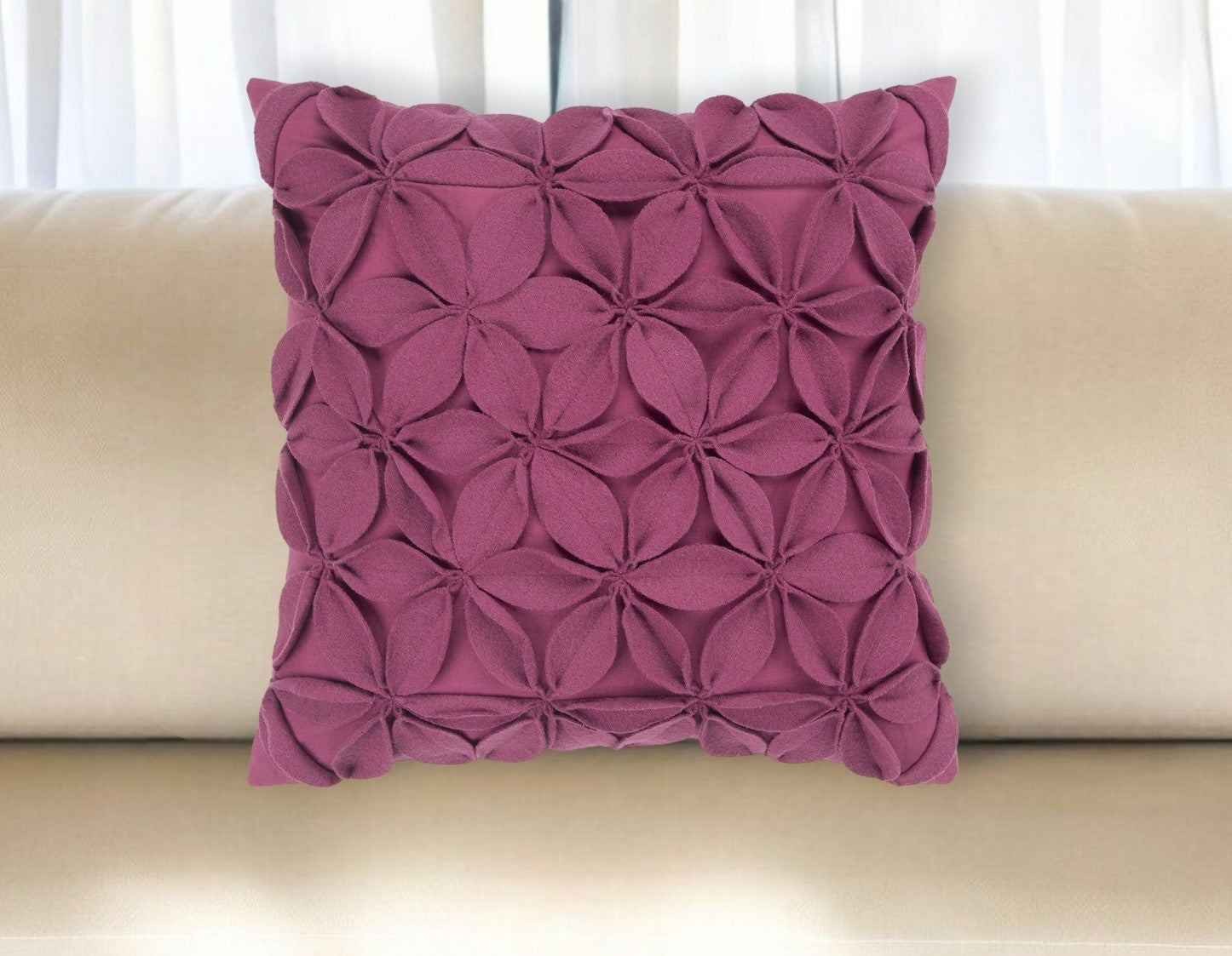 18" Magenta Floral Wool Blend Throw Pillow With Applique FurniFindUSA