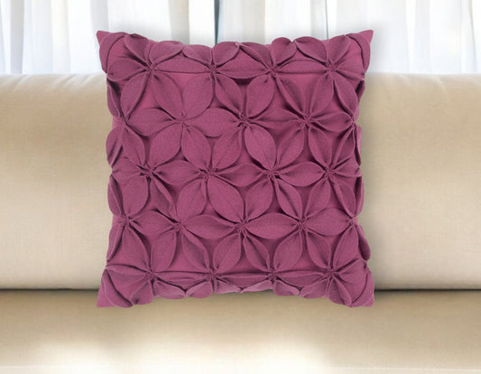 18" Magenta Floral Wool Blend Throw Pillow With Applique FurniFindUSA