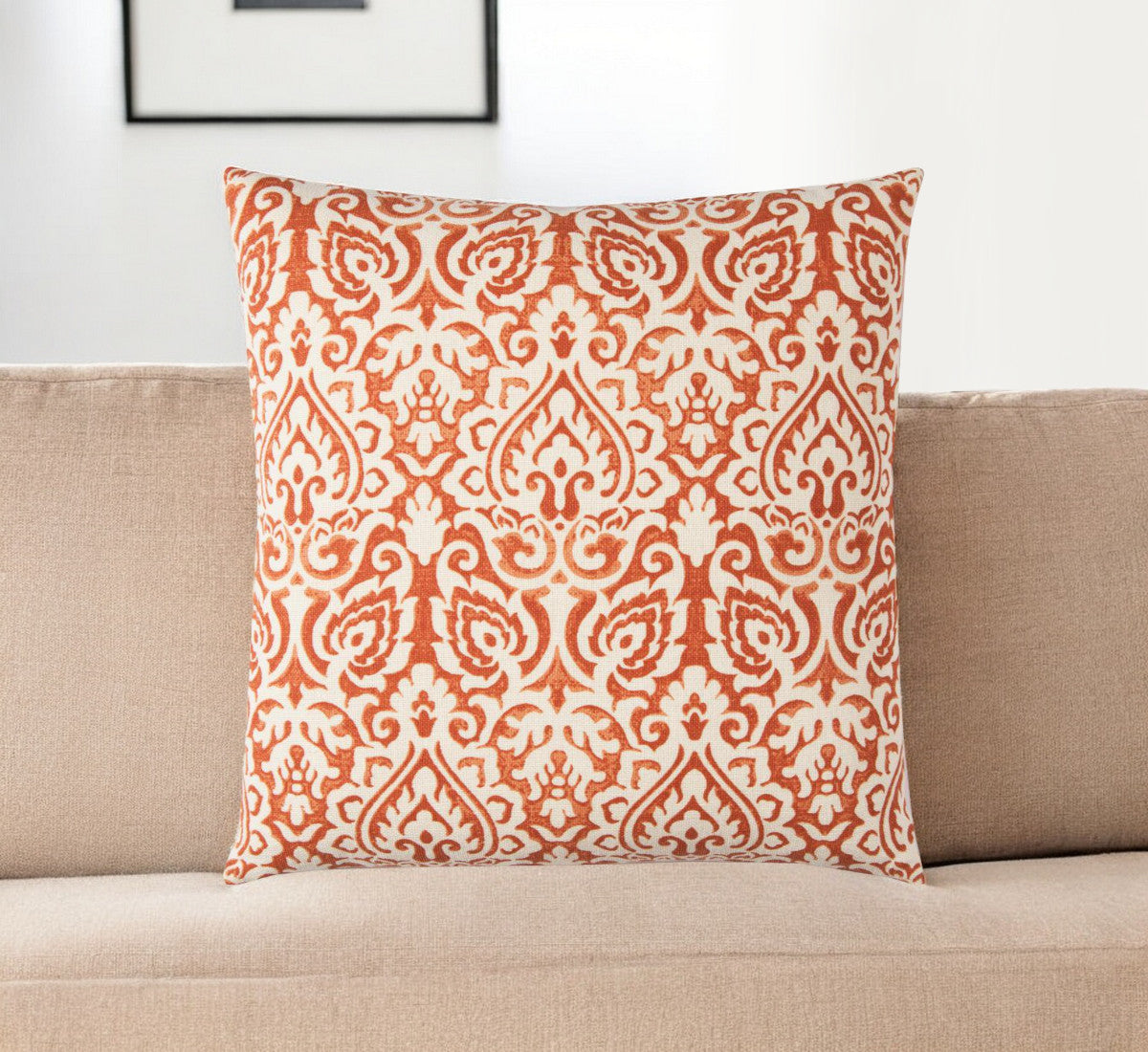 22" Orange and White Damask Cotton Throw Pillow FurniFindUSA