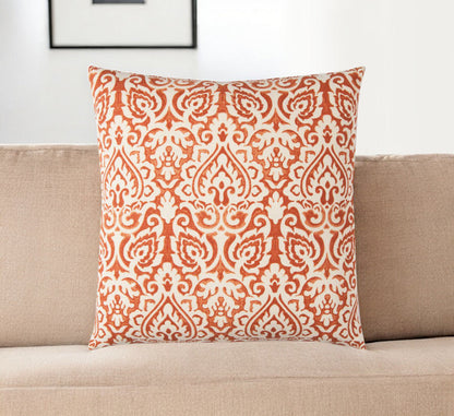 22" Orange and White Damask Cotton Throw Pillow FurniFindUSA