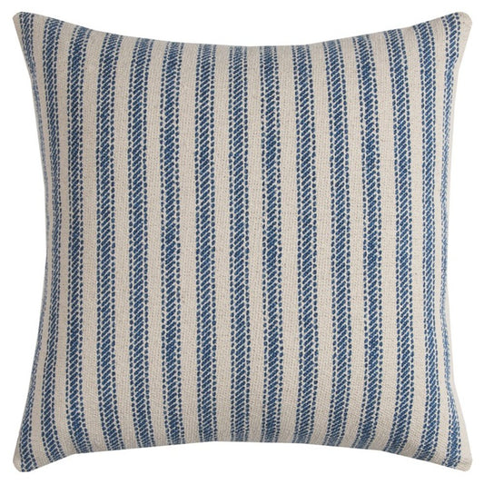 20" Blue And Natural Ticking Stripe Cotton Throw Pillow
