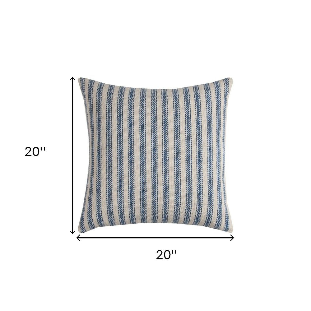 20" Blue And Natural Ticking Stripe Cotton Throw Pillow HomeRoots