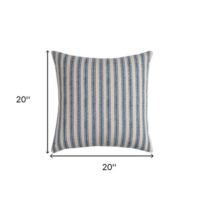 20" Blue And Natural Ticking Stripe Cotton Throw Pillow HomeRoots