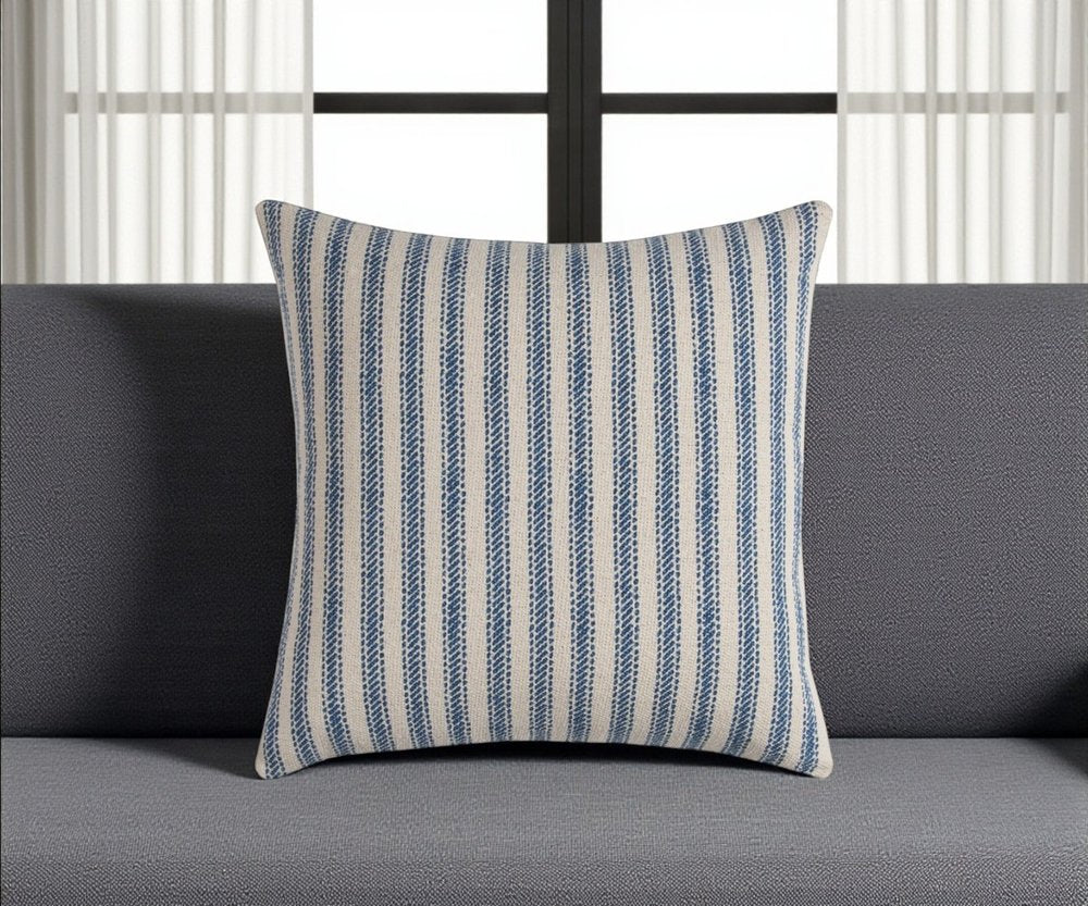 20" Blue And Natural Ticking Stripe Cotton Throw Pillow — view 11