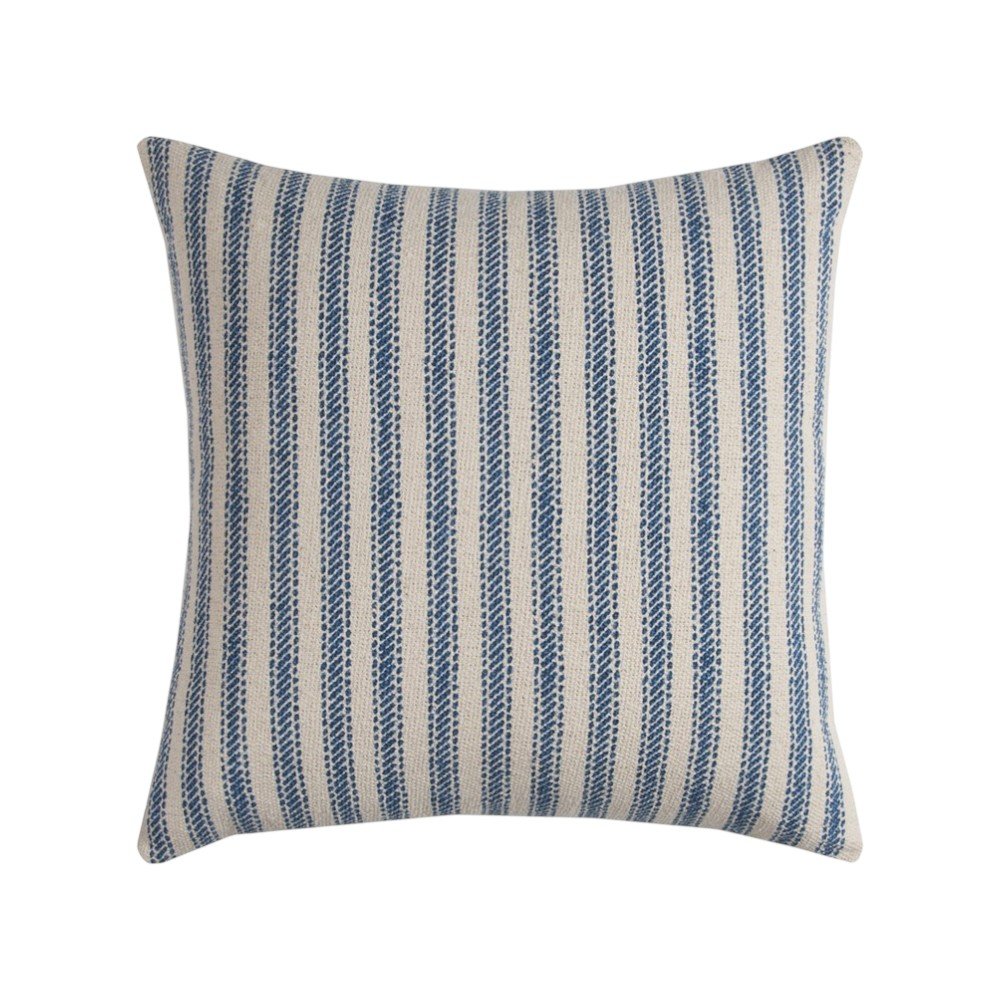 20" Blue And Natural Ticking Stripe Cotton Throw Pillow — view 7
