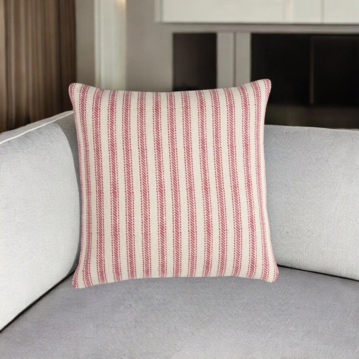 20" Red and Natural Ticking Stripe Cotton Throw Pillow FurniFindUSA